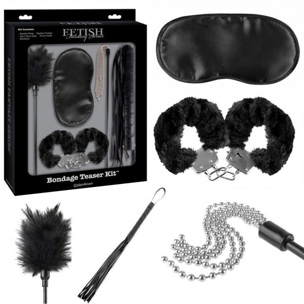 Kit 5 Pzs. Pluma Antifaz Látigo Fuete Esposas Pipedream